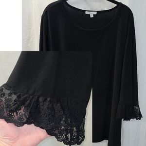 89th Madison 2X 18/20 Black Stretch Crepe Tunic Crochet Lace Bell Sleeves